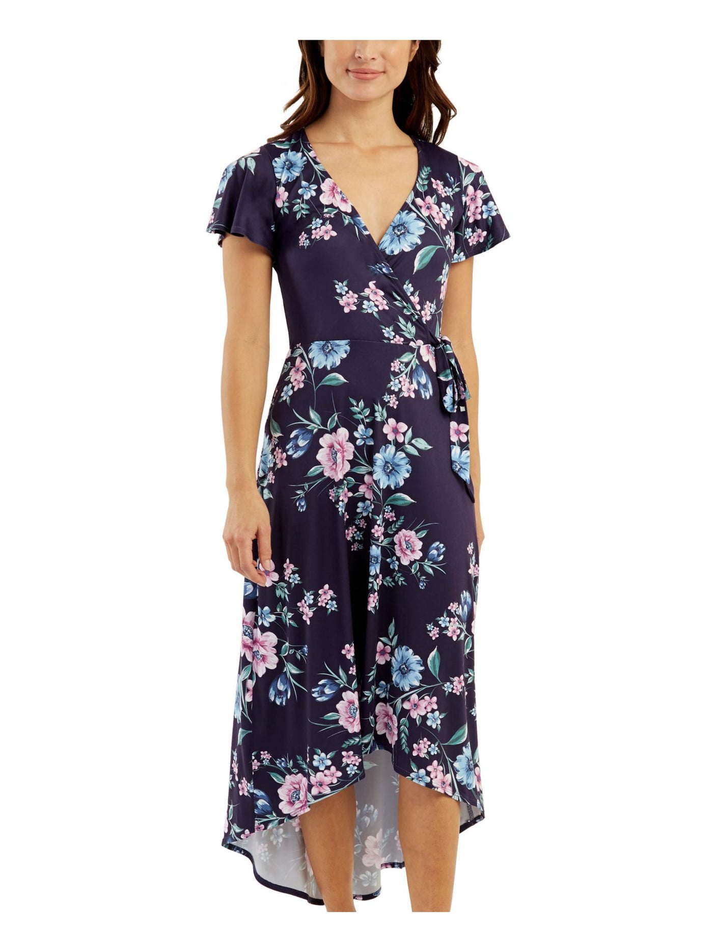 BCX DRESS Womens Navy Unlined Tie Waist Hi-lo Hem Floral Flutter Sleeve Surplice Neckline Tea-Length Wear To Work Fit + Flare Dress XS