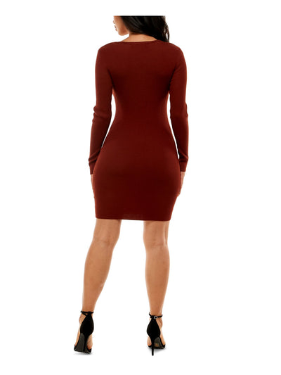 CRAVE FAME Womens Brown Ribbed Hook-eye Closure Under-bust Seam Long Sleeve Sweetheart Neckline Short Party Body Con Dress Juniors L