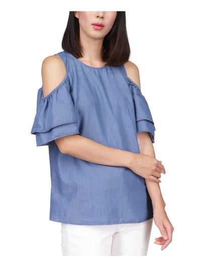 MICHAEL KORS Womens Blue Cold Shoulder Ruffled Keyhole Button Back Short Sleeve Scoop Neck Top Petites P\XS