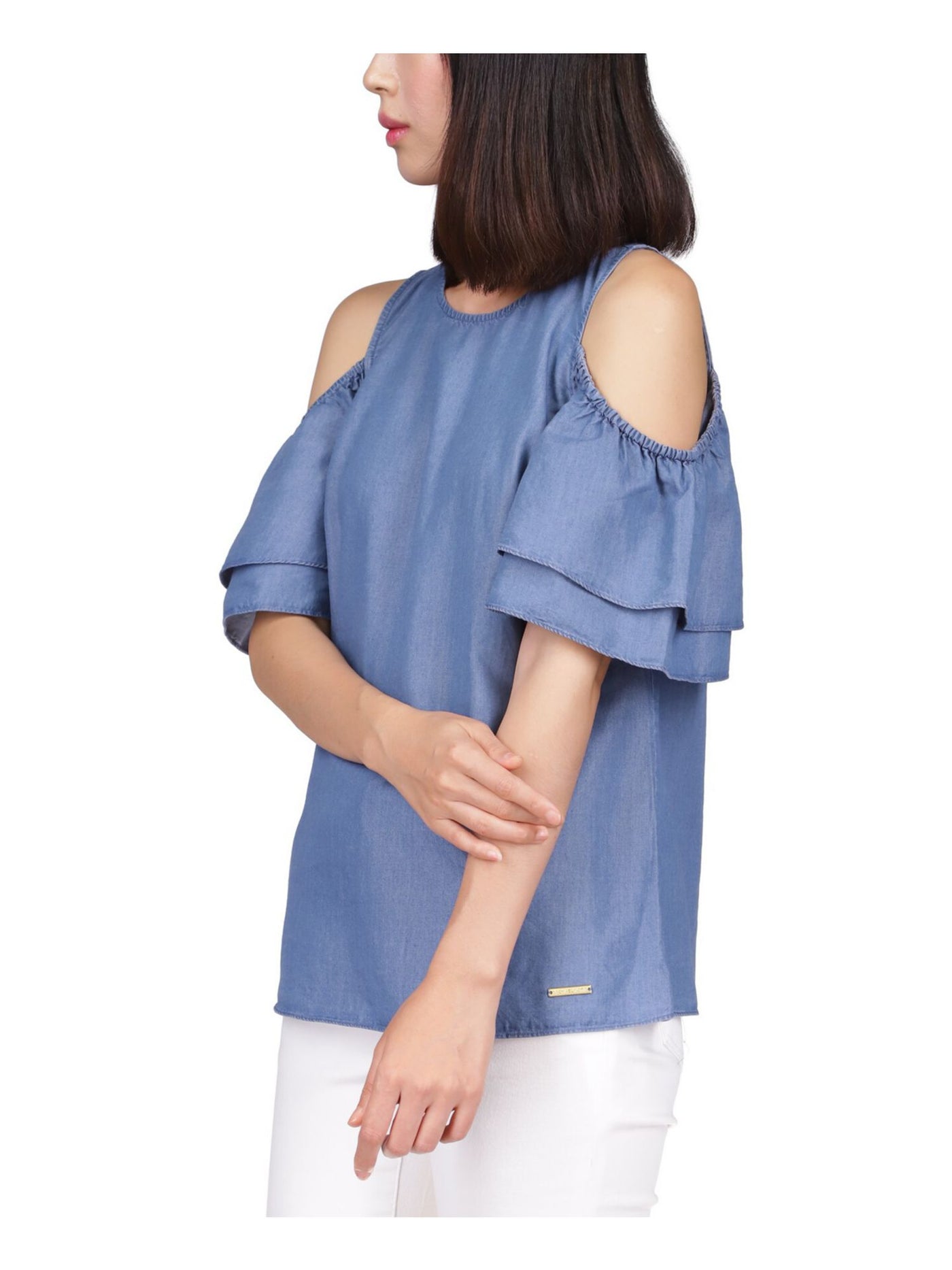 MICHAEL KORS Womens Blue Cold Shoulder Ruffled Keyhole Button Back Short Sleeve Scoop Neck Top Petites P\XS
