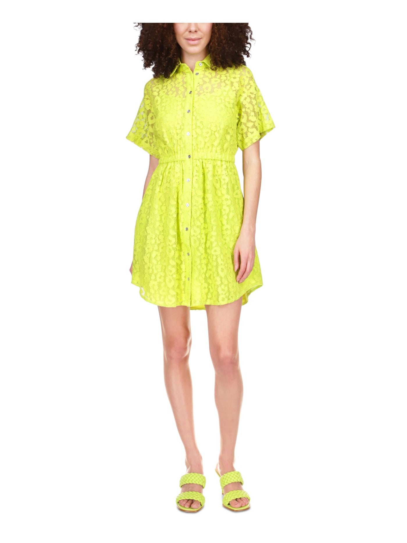 MICHAEL KORS Womens Green Lace Elastic Waist Curved Hem Lined Short Sleeve Point Collar Short Party Shirt Dress XS