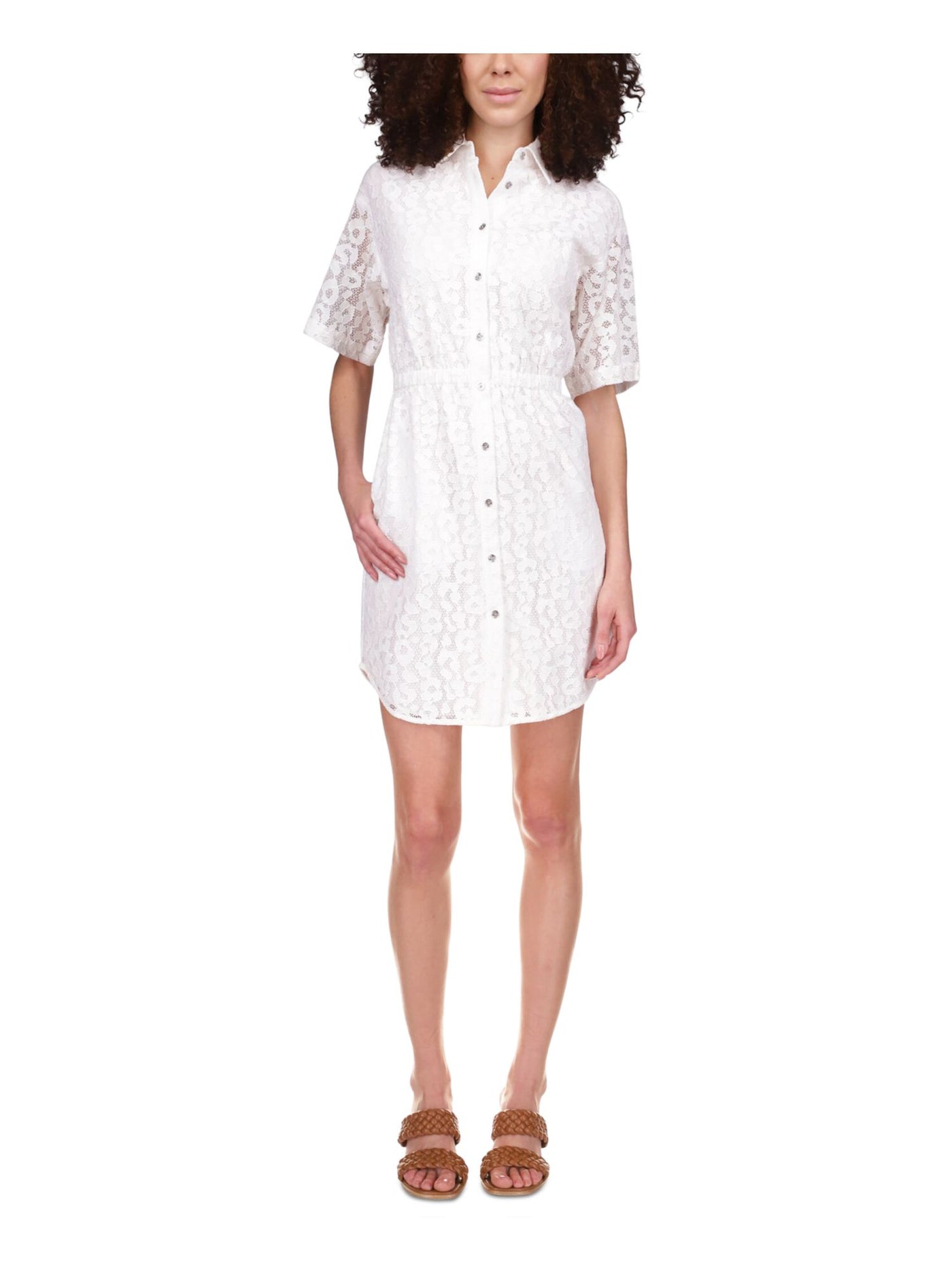 MICHAEL MICHAEL KORS Womens White Lace Short Sleeve Collared Above The Knee Shirt Dress Petites P\M