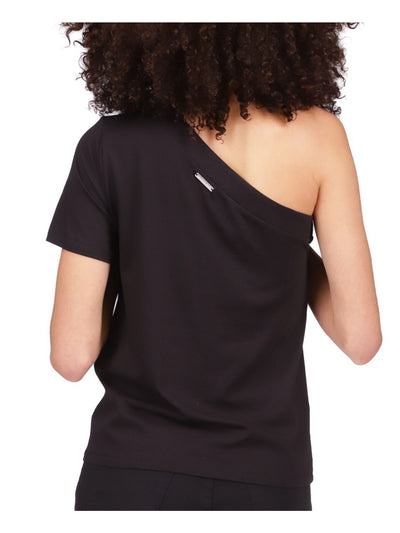 MICHAEL MICHAEL KORS Womens Black Short Sleeve Asymmetrical Neckline Top S