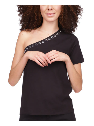 MICHAEL MICHAEL KORS Womens Black Short Sleeve Asymmetrical Neckline Top S