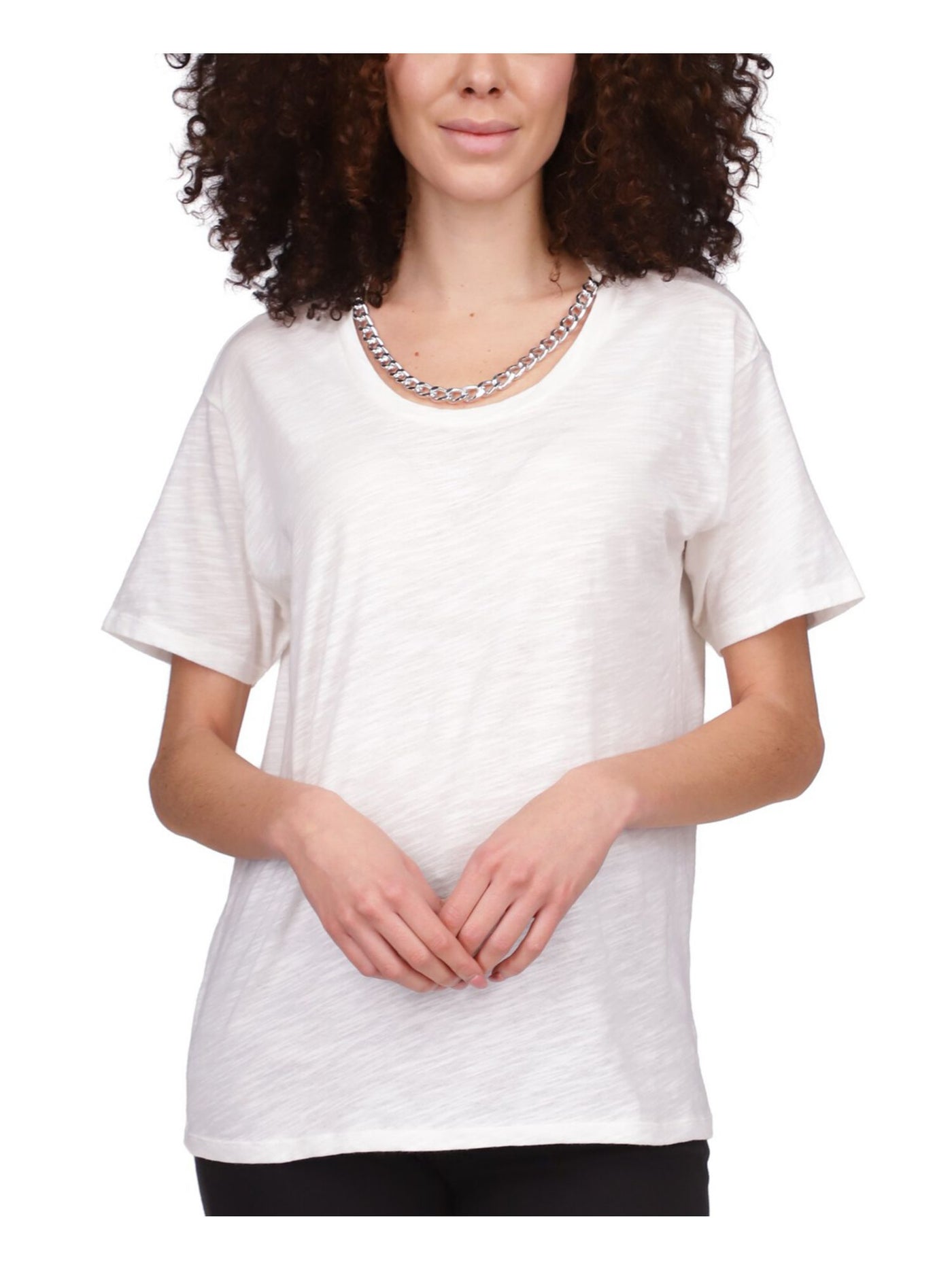 MICHAEL MICHAEL KORS Womens White Sheer Pullover Chain Detail Heather Short Sleeve Crew Neck T-Shirt XL