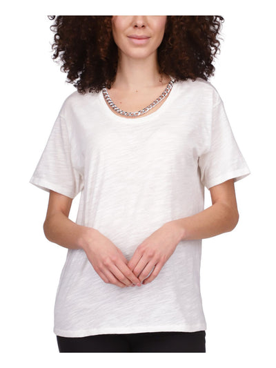 MICHAEL MICHAEL KORS Womens White Sheer Pullover Chain Detail Heather Short Sleeve Crew Neck T-Shirt XS