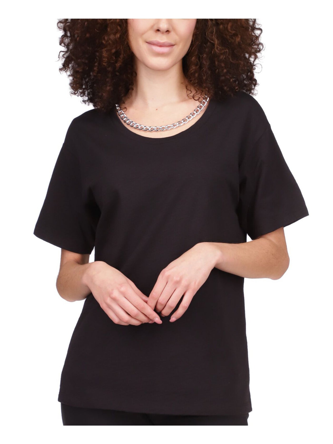 MICHAEL KORS Womens Black Sheer Pullover Chain Detail Heather Short Sleeve Crew Neck T-Shirt XL