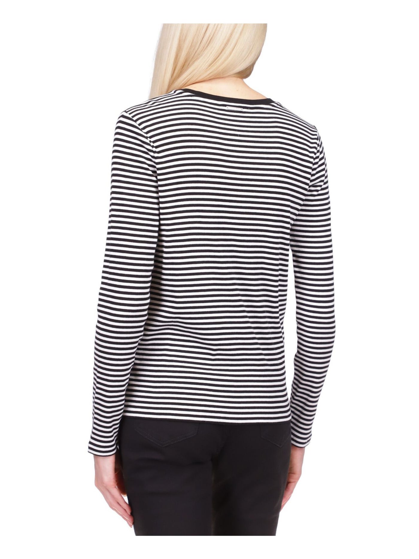 MICHAEL MICHAEL KORS Womens Black Striped Long Sleeve Round Neck Top S