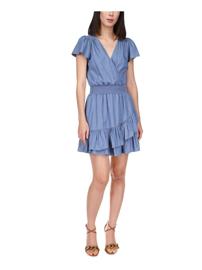MICHAEL MICHAEL KORS Womens Blue Smocked Ruffled Tiered Unlined Pullover Flutter Sleeve Surplice Neckline Above The Knee Fit + Flare Dress L