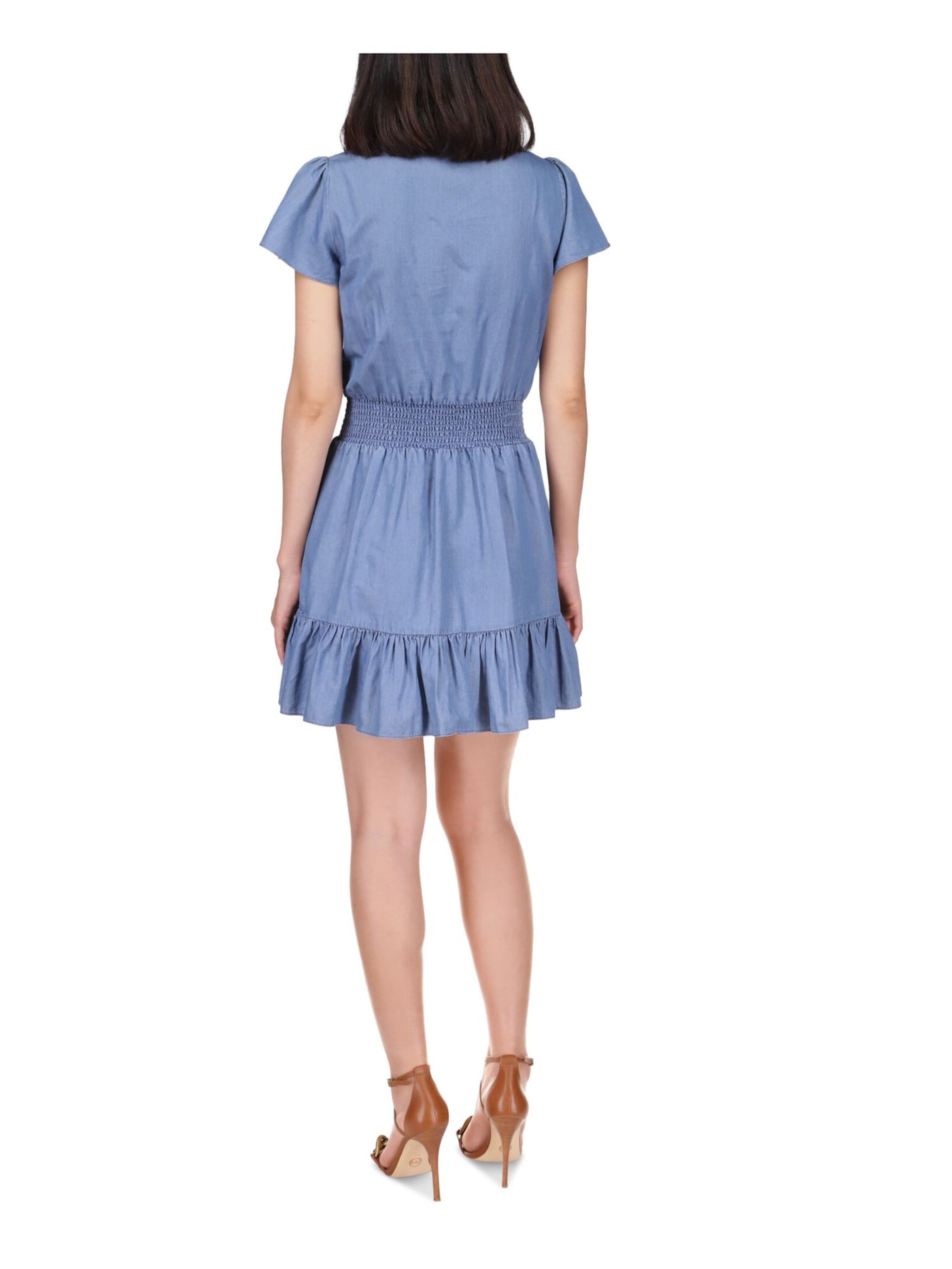 MICHAEL MICHAEL KORS Womens Blue Smocked Ruffled Tiered Unlined Pullover Flutter Sleeve Surplice Neckline Above The Knee Fit + Flare Dress L