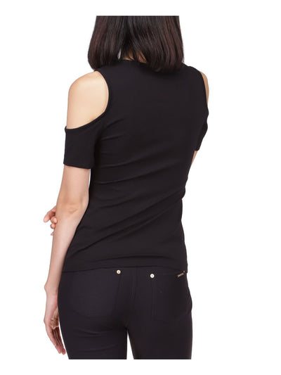 MICHAEL MICHAEL KORS Womens Black Cold Shoulder Pullover Short Sleeve Zip Neck Top Petites P\S