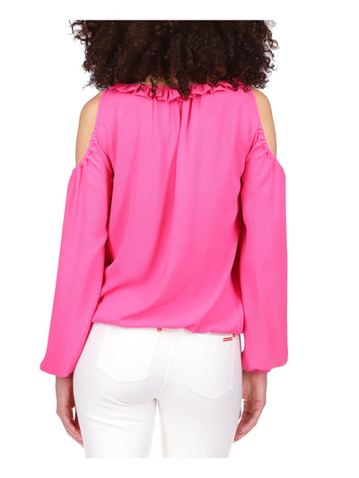 MICHAEL KORS Womens Pink Cold Shoulder Ruffled Elastic Waist Tie Long Sleeve Round Neck Top S