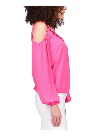 MICHAEL KORS Womens Pink Cold Shoulder Ruffled Elastic Waist Tie Long Sleeve Round Neck Top XS