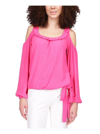 MICHAEL KORS Womens Pink Cold Shoulder Ruffled Elastic Waist Tie Long Sleeve Round Neck Top XS