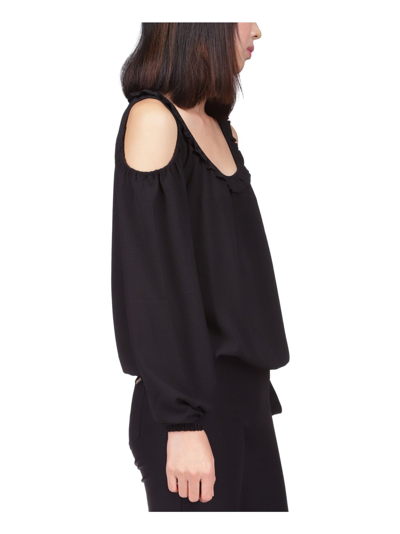 MICHAEL KORS Womens Black Cold Shoulder Ruffled Elastic Waist Tie Long Sleeve Round Neck Top XS
