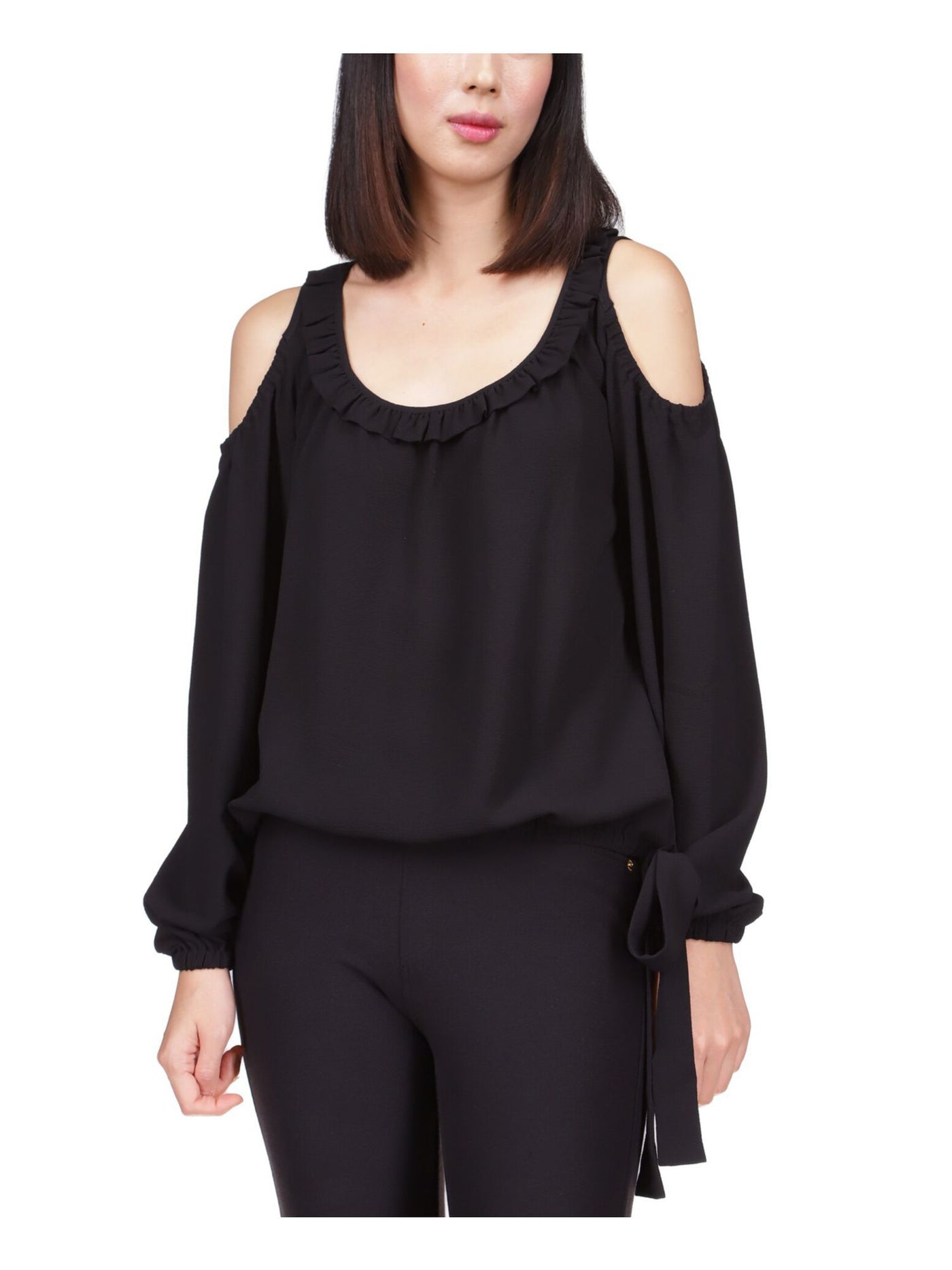 MICHAEL KORS Womens Black Cold Shoulder Ruffled Elastic Waist Tie Long Sleeve Round Neck Top XS