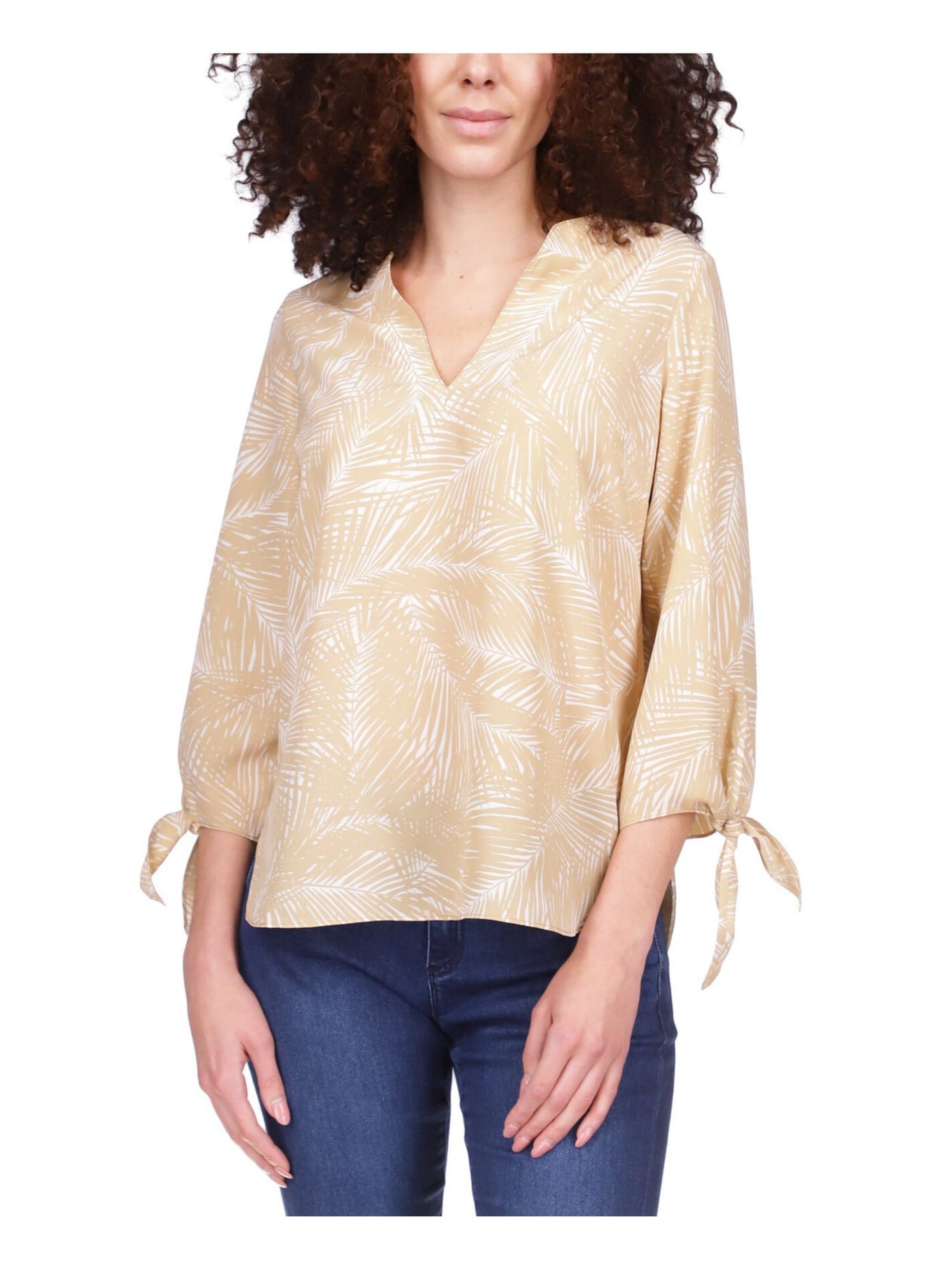 MICHAEL KORS Womens Beige Tie Curved Hem Printed Long Sleeve V Neck Top Petites P\S