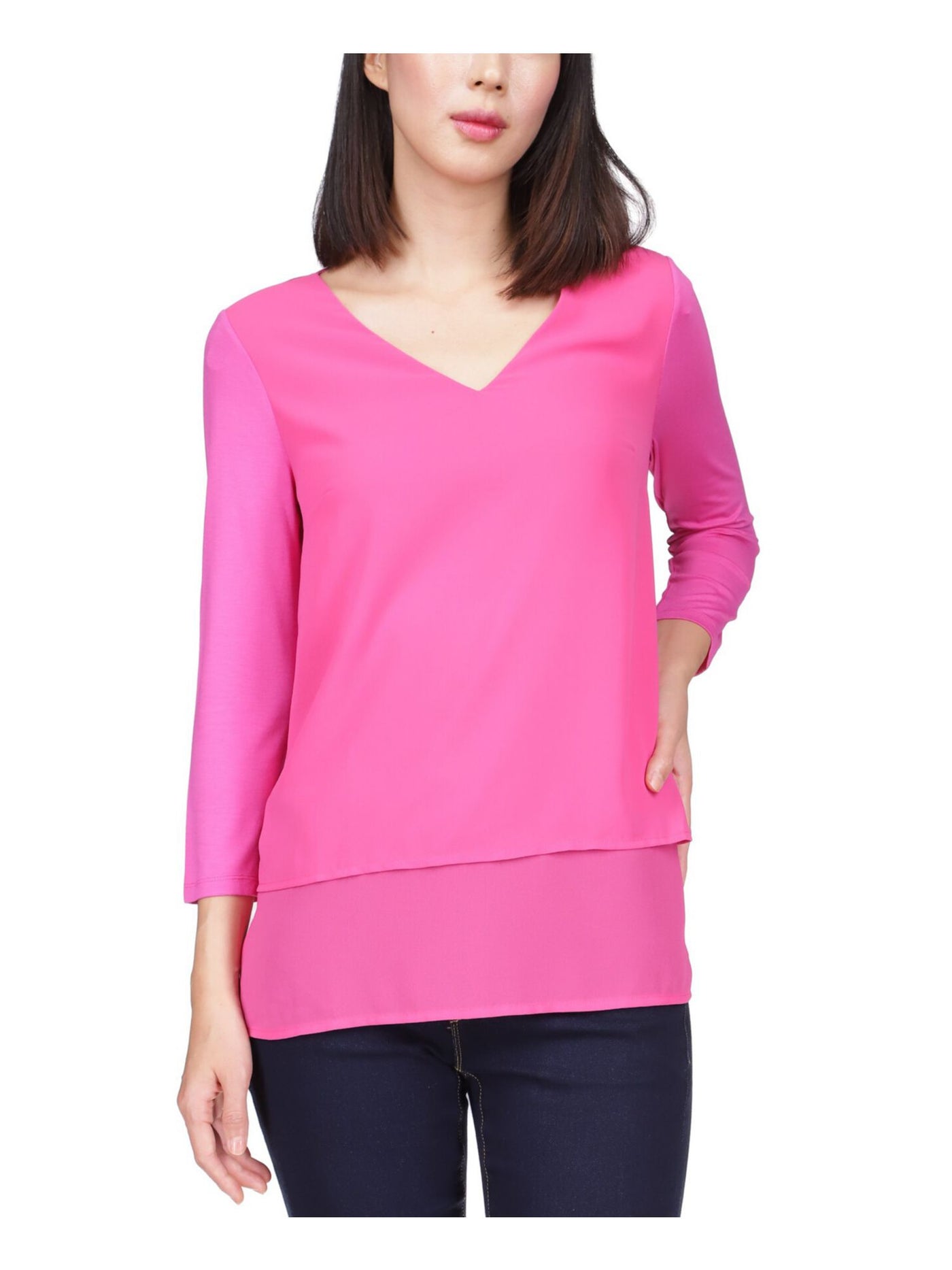 MICHAEL MICHAEL KORS Womens Pink 3/4 Sleeve V Neck Tunic Top XS
