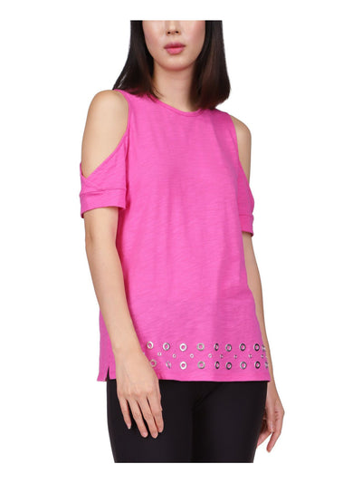 MICHAEL MICHAEL KORS Womens Pink Cold Shoulder Embellished Short Sleeve Crew Neck Top XS