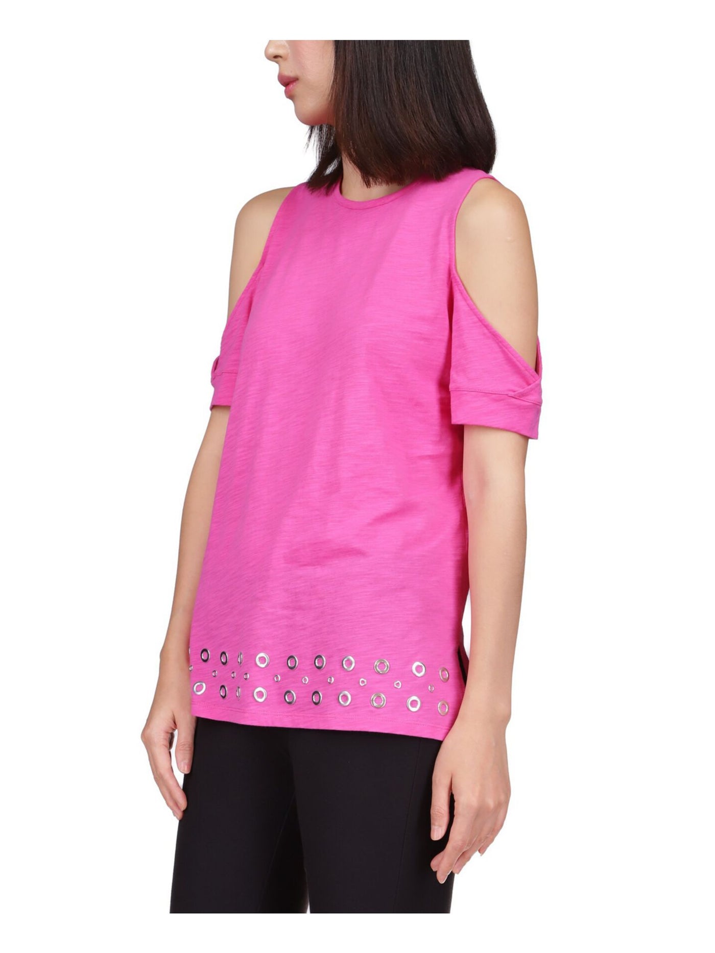 MICHAEL MICHAEL KORS Womens Pink Cold Shoulder Embellished Short Sleeve Crew Neck Top S