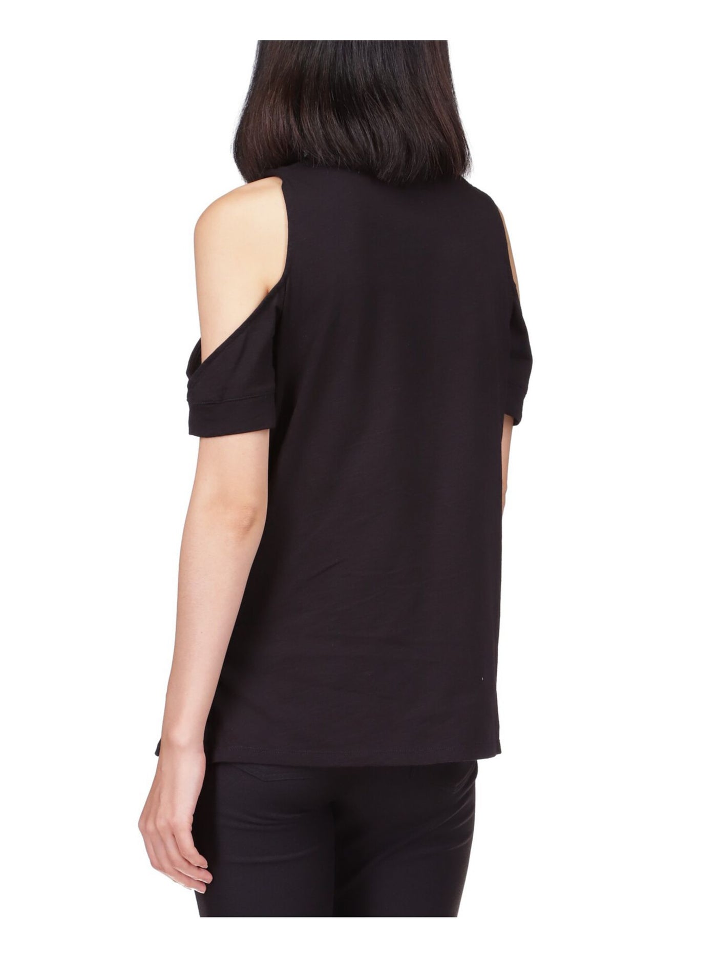 MICHAEL MICHAEL KORS Womens Black Cold Shoulder Grommet Embellished Split Hems Short Sleeve Crew Neck Top Petites P\XS