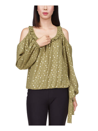 MICHAEL MICHAEL KORS Womens Green Cold Shoulder Ruffled Tie Detailed Hem Printed Long Sleeve Round Neck Top L