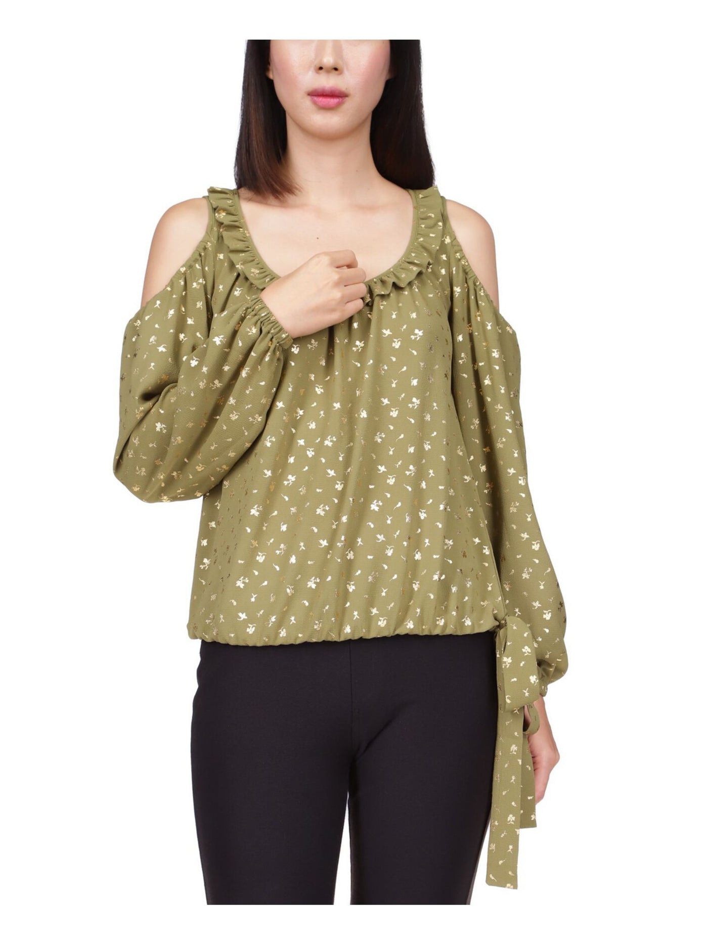 MICHAEL MICHAEL KORS Womens Green Cold Shoulder Ruffled Tie Detailed Hem Printed Long Sleeve Round Neck Top S