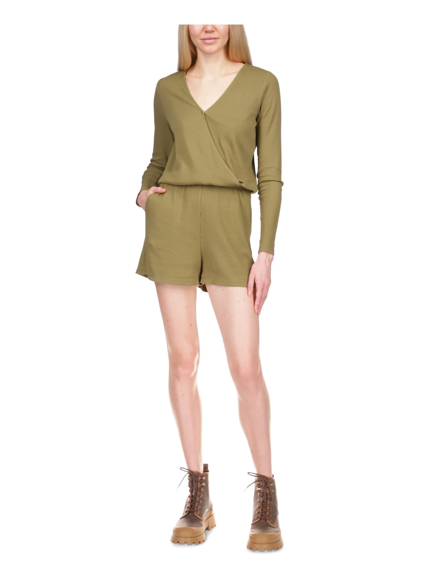 MICHAEL KORS Womens Green Ribbed Pocketed Pull-on Elastic Waist Long Sleeve Surplice Neckline Faux Wrap Shorts Romper M