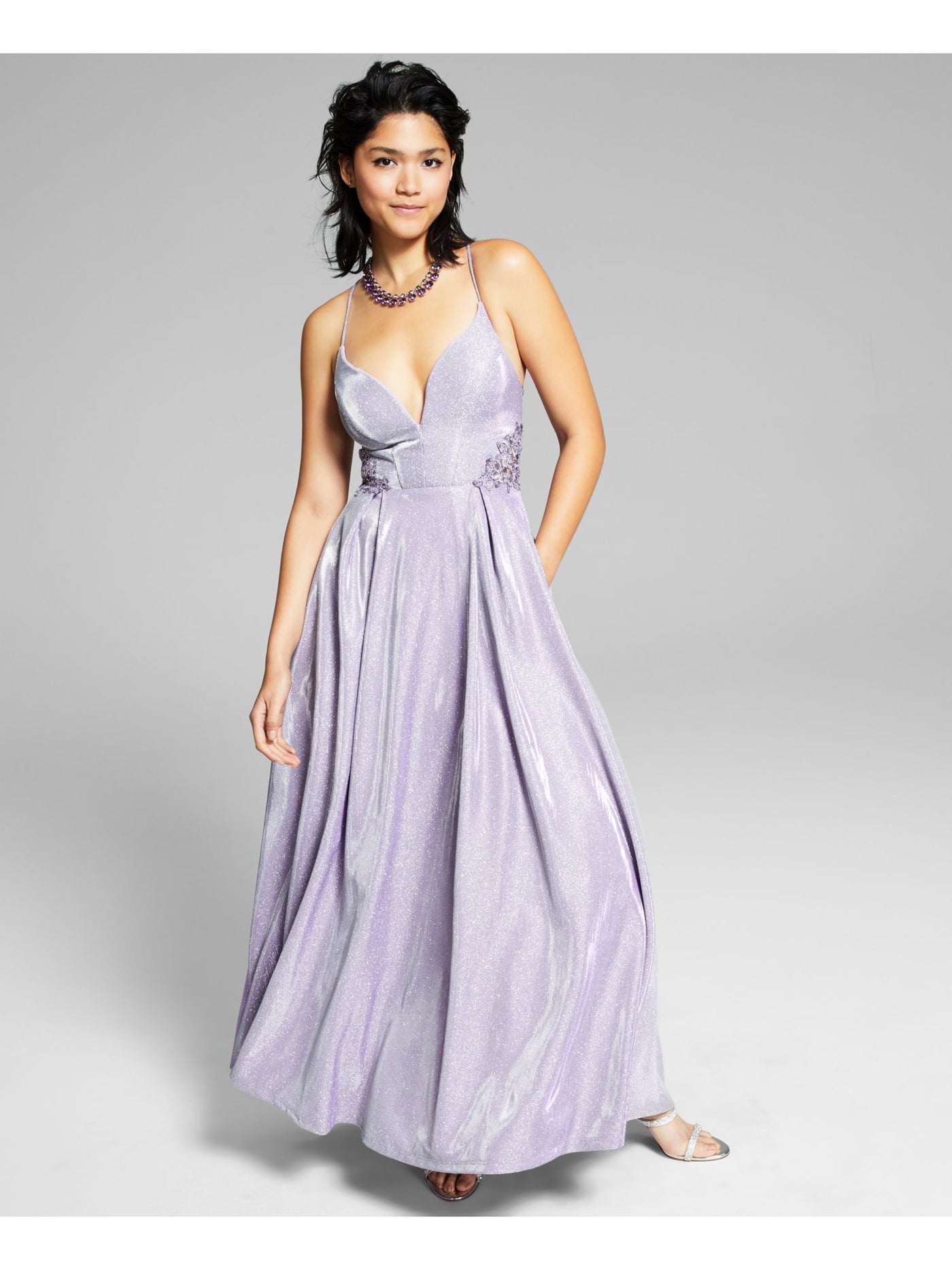 CITY STUDIO Womens Purple Pleated Zippered Plunging V-neck Lace-up Back Sleeveless Full-Length  Gown Prom Dress Juniors 3