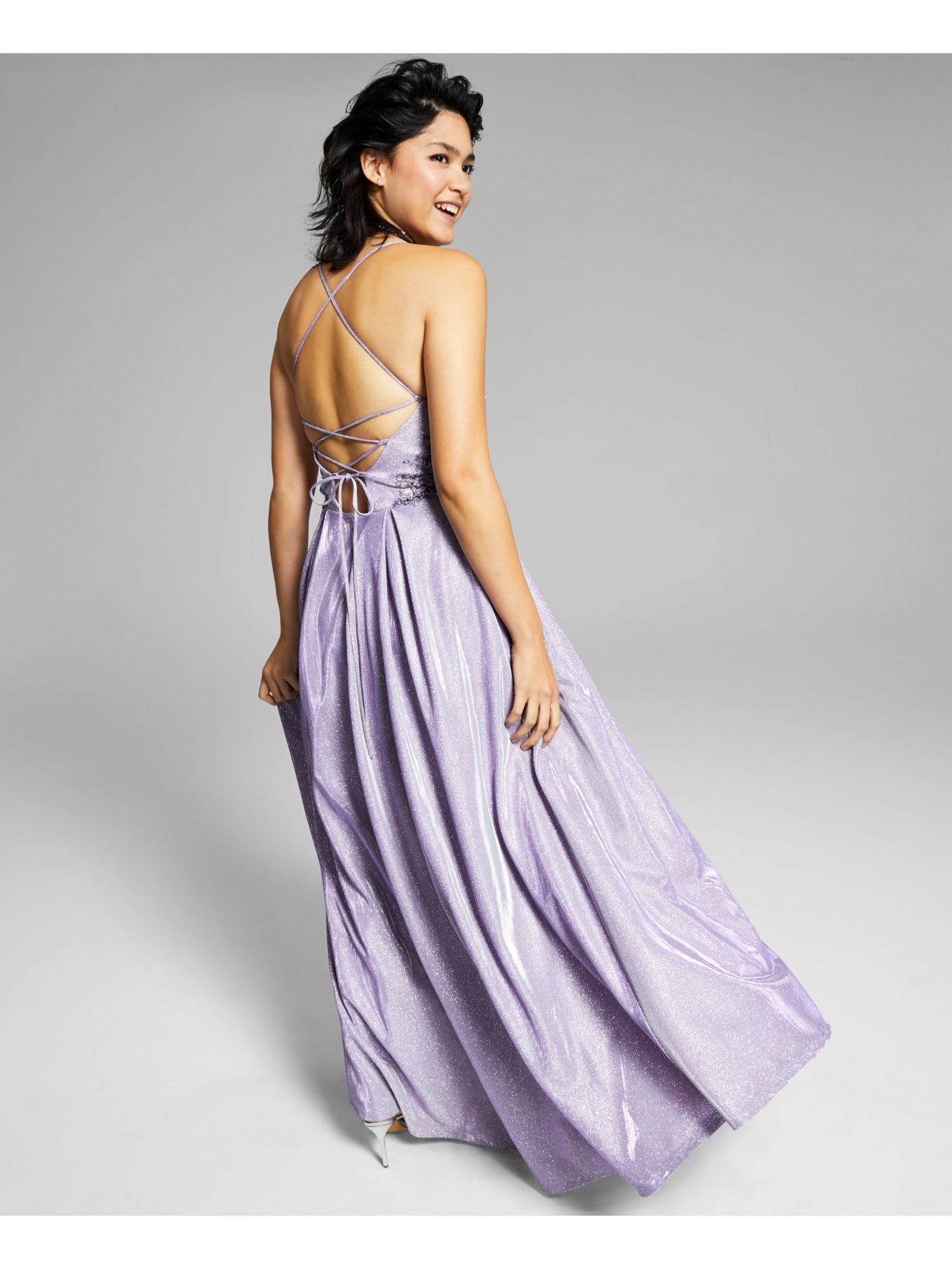 CITY STUDIO Womens Purple Pleated Zippered Plunging V-neck Lace-up Back Sleeveless Full-Length Gown Prom Dress 9