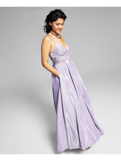 CITY STUDIO Womens Purple Pleated Zippered Plunging V-neck Lace-up Back Sleeveless Full-Length  Gown Prom Dress Juniors 9