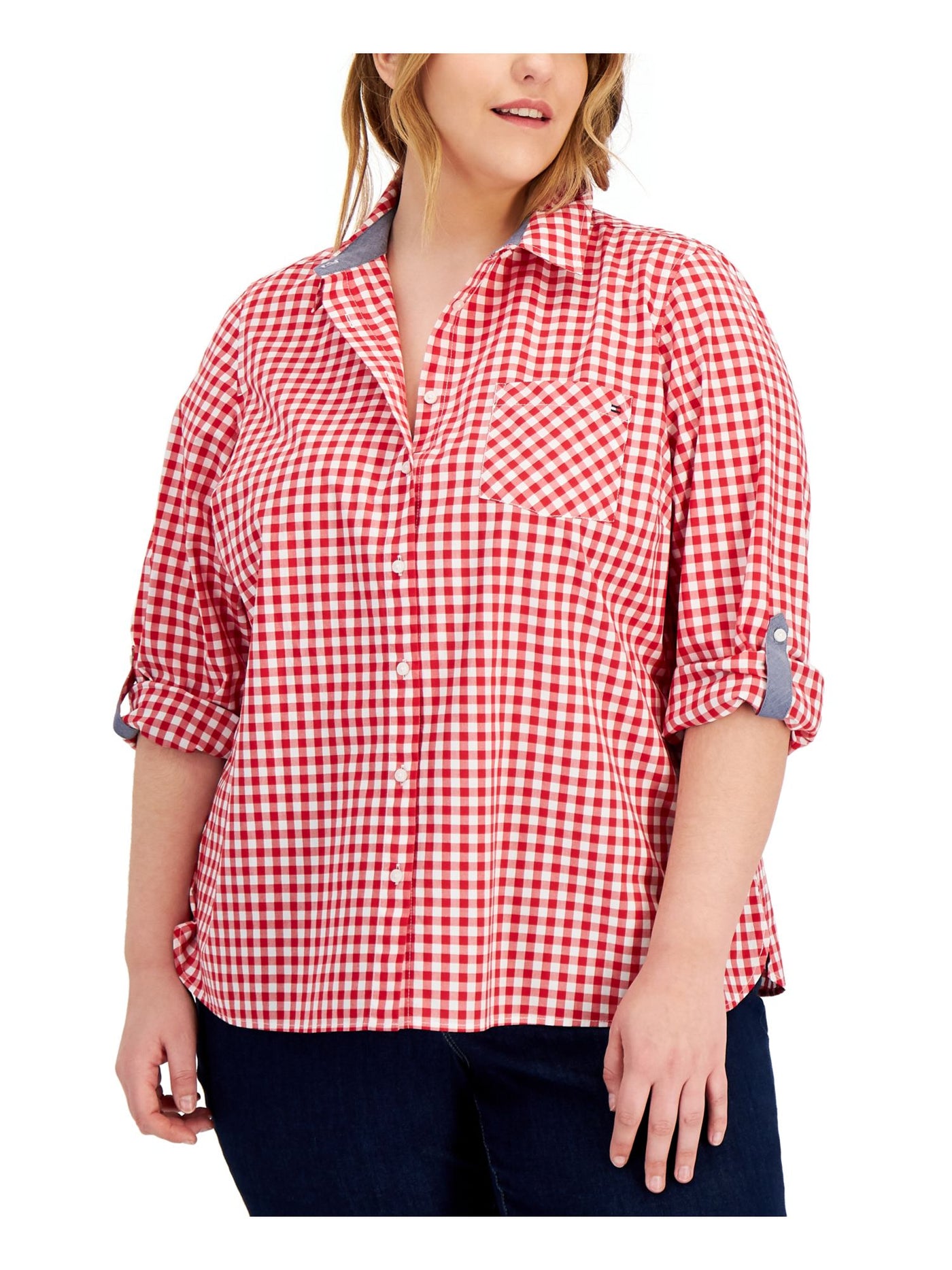 TOMMY HILFIGER Womens Red Pocketed Logo Shirttail Hem Plaid Roll-tab Sleeve Collared Button Up Top Plus 3X