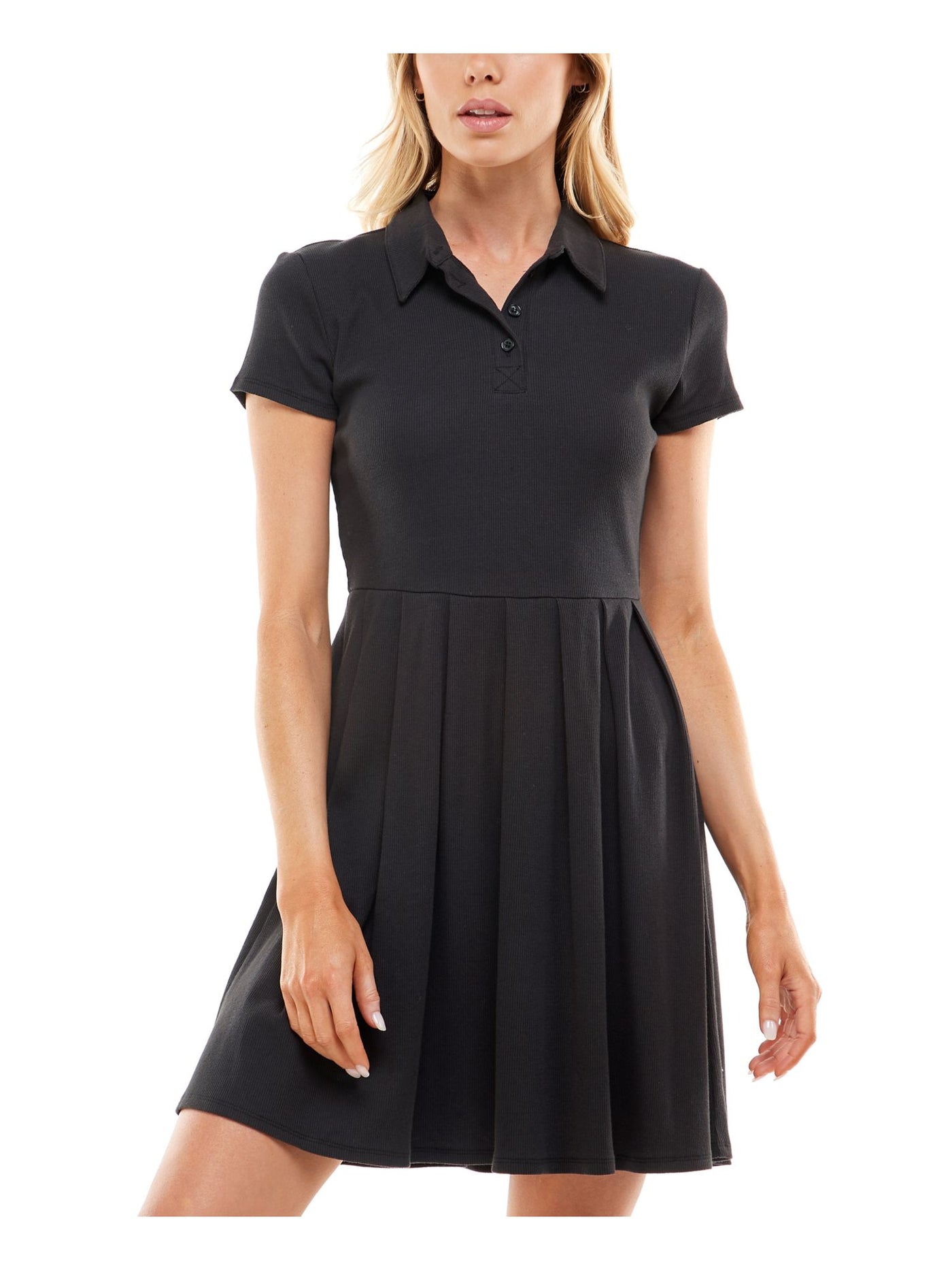 PLANET GOLD Womens Black Pleated Ribbed 4-button Placket Short Sleeve Point Collar Short Fit + Flare Dress XS