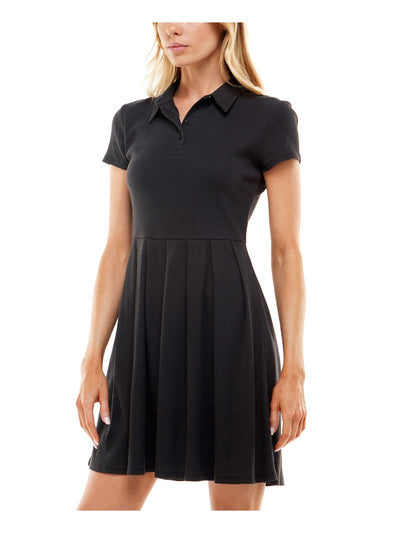 PLANET GOLD Womens Black Pleated Ribbed 4-button Placket Short Sleeve Point Collar Short Fit + Flare Dress XS