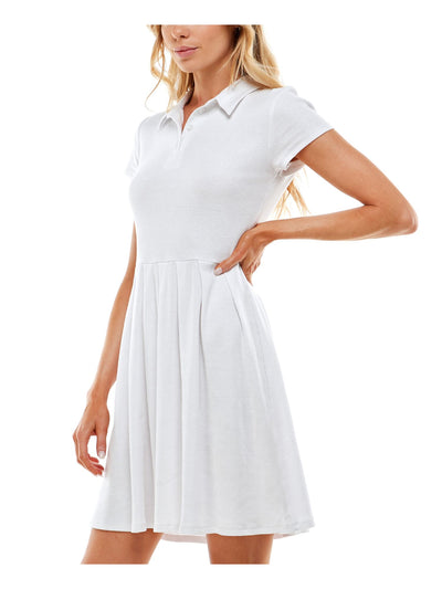 PLANET GOLD Womens White Pleated Ribbed Short Sleeve Point Collar Short Fit + Flare Dress Juniors XL