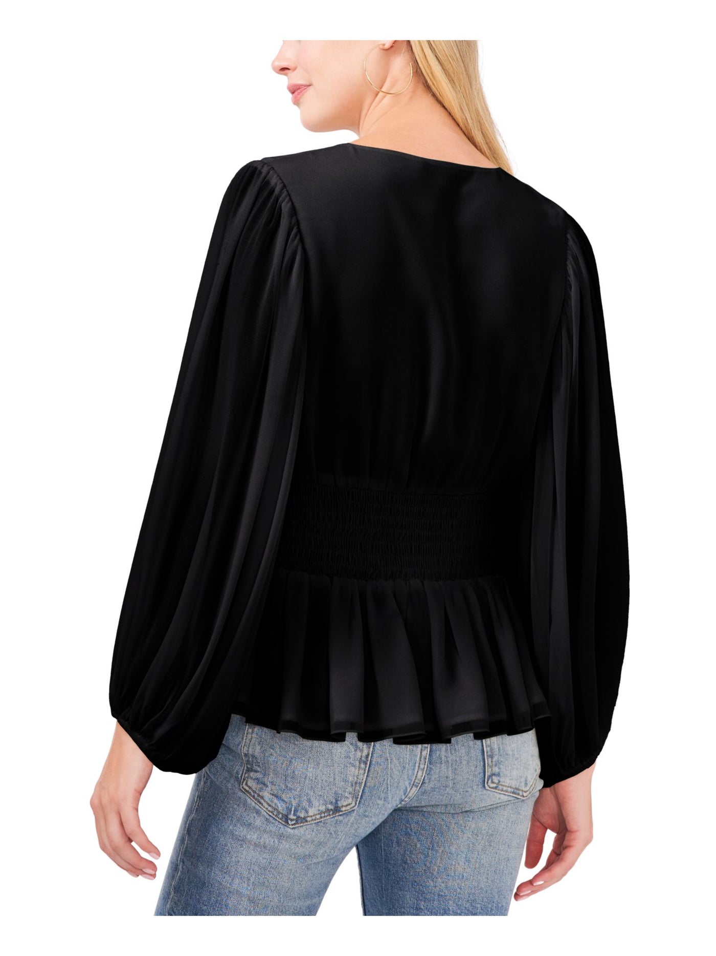 VINCE CAMUTO Womens Black Smocked Ruffled Elasticized Cuffs Pouf Sleeve V Neck Top S