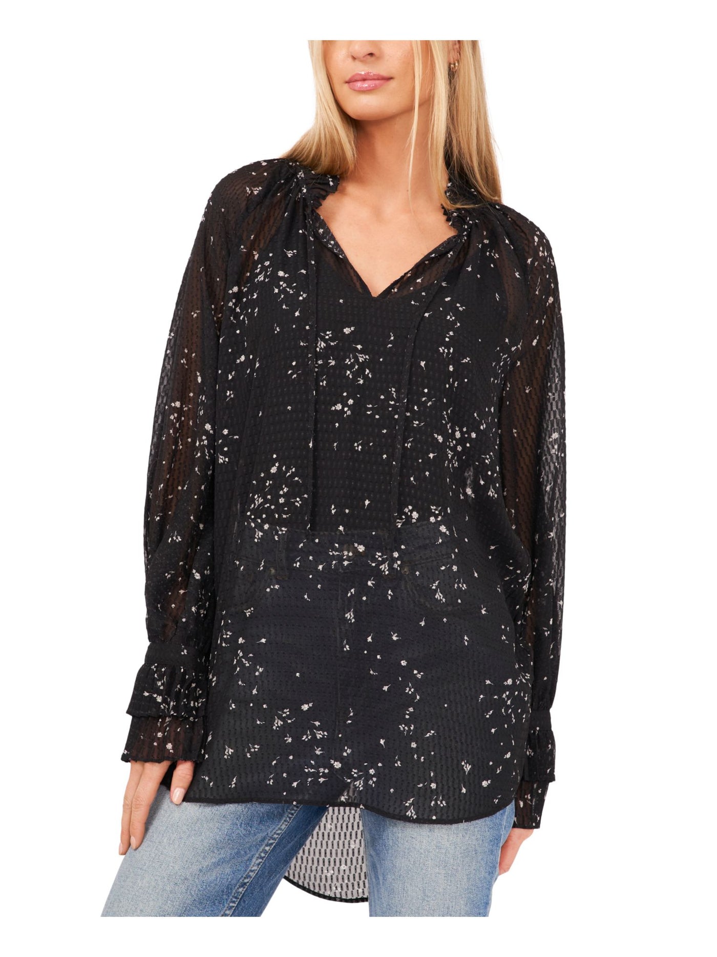VINCE CAMUTO Womens Black Sheer Floral Long Sleeve V Neck Tunic Top XS