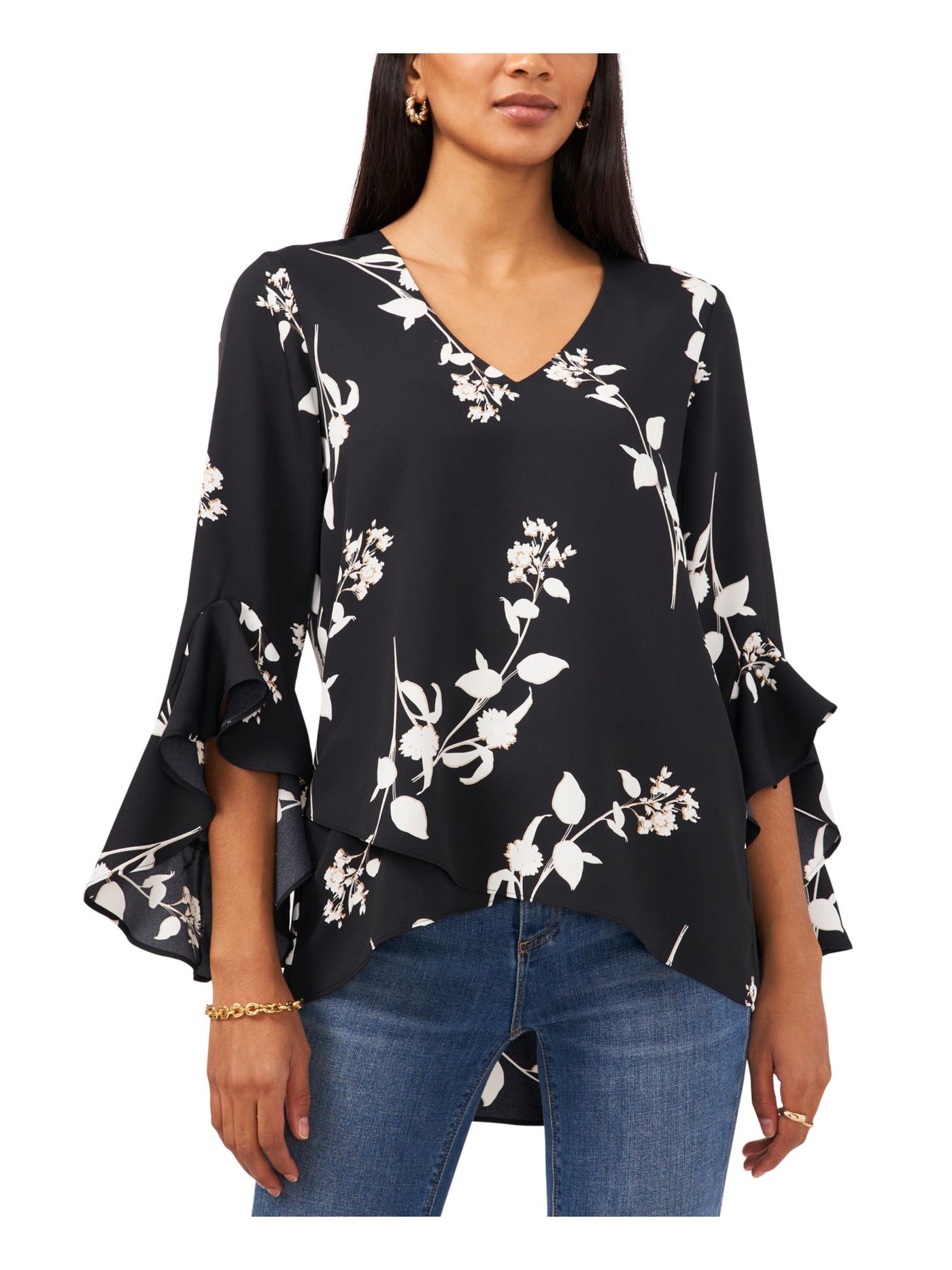 VINCE CAMUTO Womens Black Ruffled Asymmetrical Hem And Cuffs Floral Flutter Sleeve V Neck Blouse XS