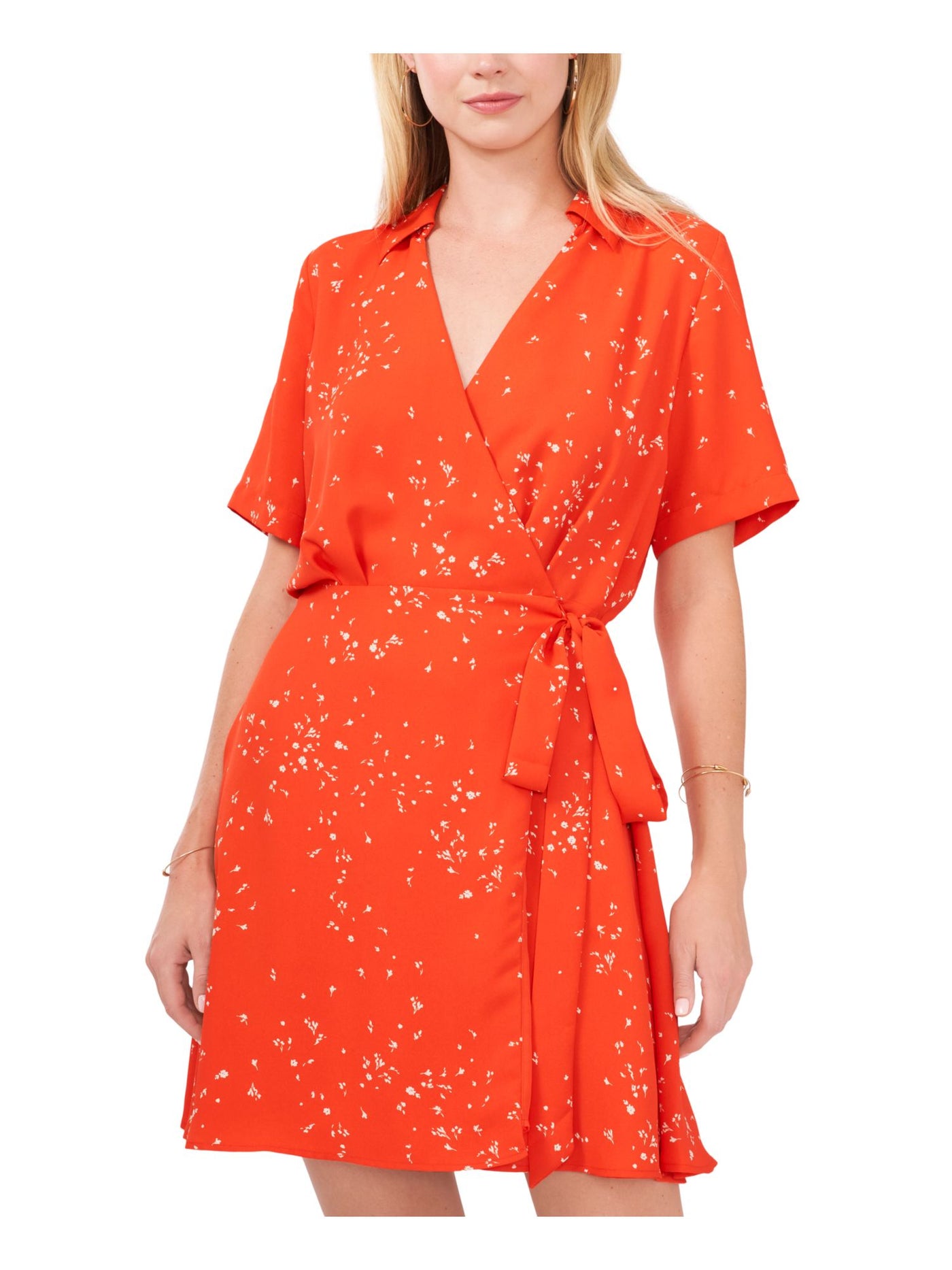 VINCE CAMUTO Womens Orange Tie Lined Floral Short Sleeve Surplice Neckline Short Wrap Dress L