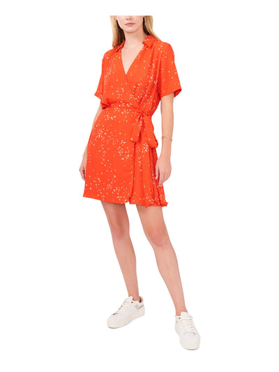 VINCE CAMUTO Womens Orange Tie Lined Floral Short Sleeve Surplice Neckline Short Wrap Dress L