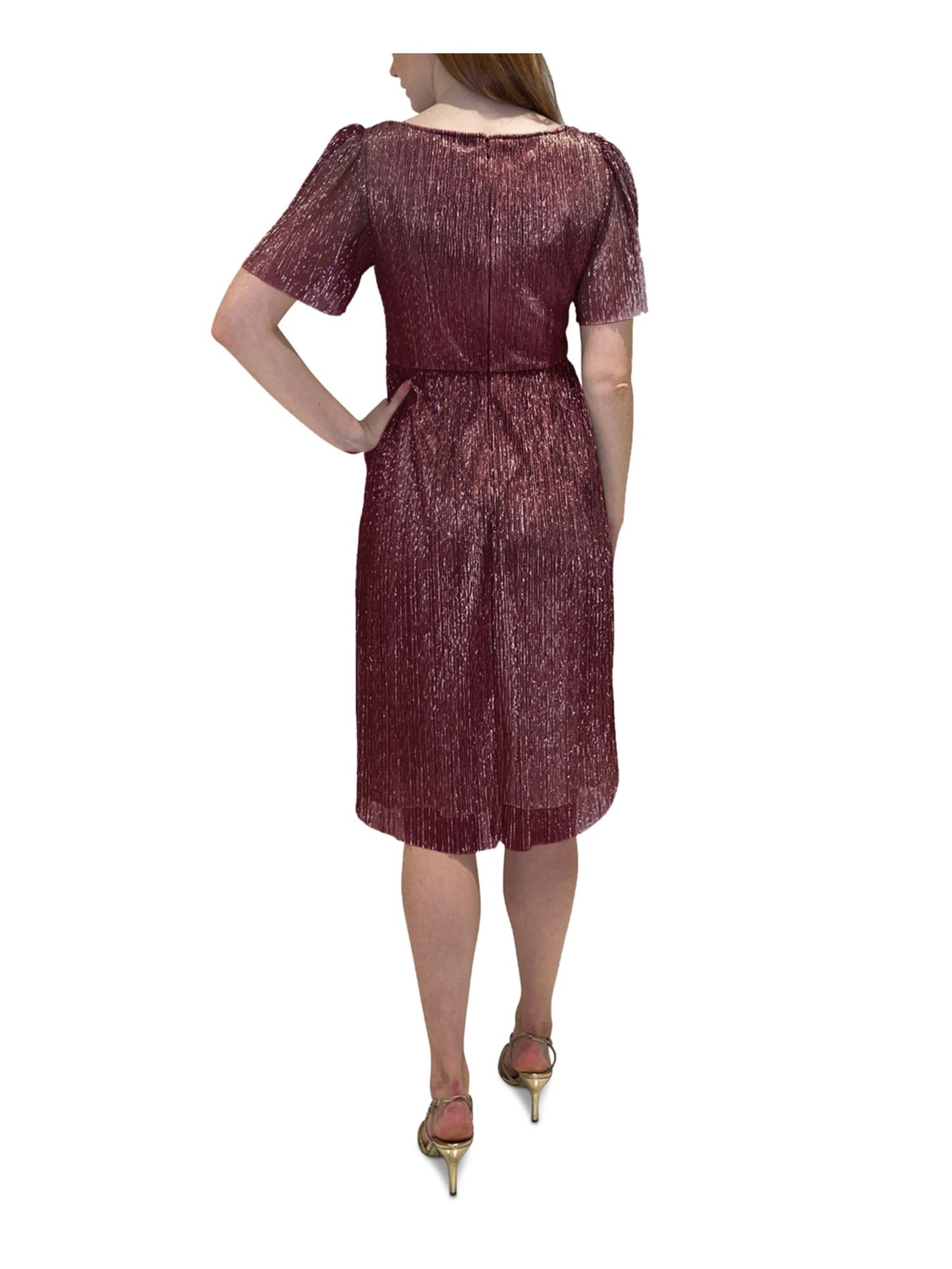 ADRIANNA PAPELL Womens Burgundy Sheer Pleated Tile Waist Lined Short Sleeve Keyhole Above The Knee Party Shift Dress 8