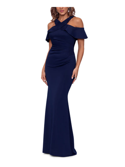 XSCAPE Womens Navy Zippered Pleated Cold Shoulder Short Sleeve Halter Full-Length Formal Gown Dress 4