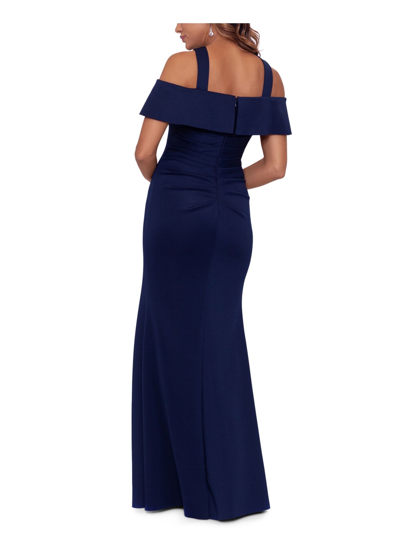 XSCAPE Womens Navy Zippered Pleated Cold Shoulder Short Sleeve Halter Full-Length Formal Gown Dress 4