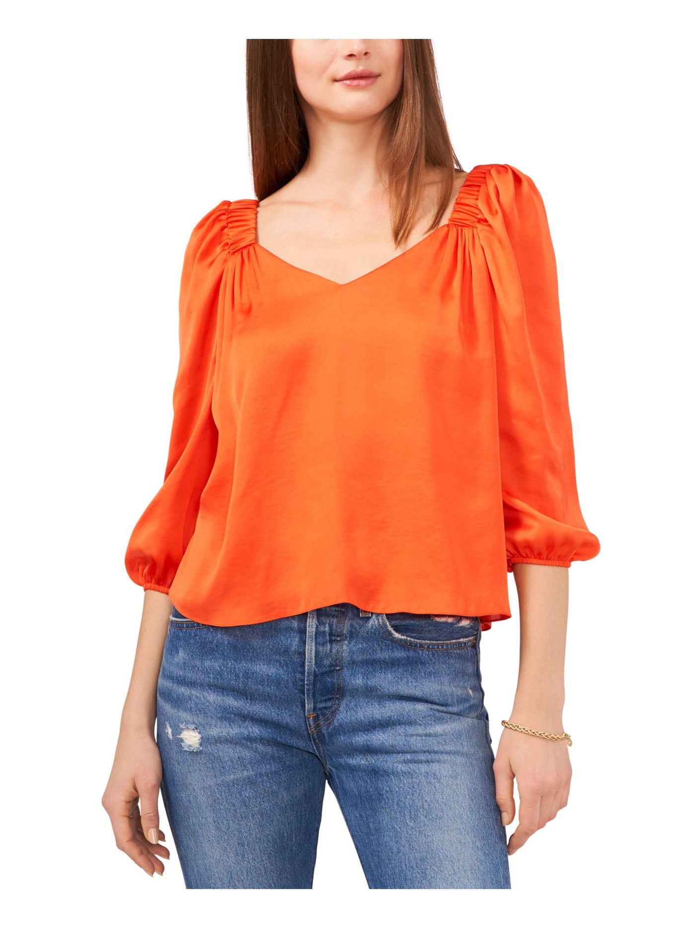 VINCE CAMUTO Womens Orange Ruffled Gathered Lined Vented Round Hem 3/4 Sleeve V Neck Top XL