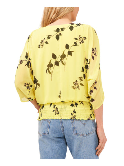 VINCE CAMUTO Womens Yellow Smocked 3/4 Open Sleeve Printed V Neck Top XS