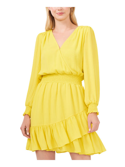 VINCE CAMUTO Womens Yellow Smocked Sheer Snap Button Front Lined Pouf Sleeve V Neck Above The Knee Fit + Flare Dress S