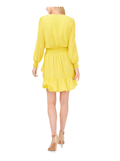 VINCE CAMUTO Womens Yellow Smocked Sheer Snap Button Front Lined Pouf Sleeve V Neck Above The Knee Fit + Flare Dress S