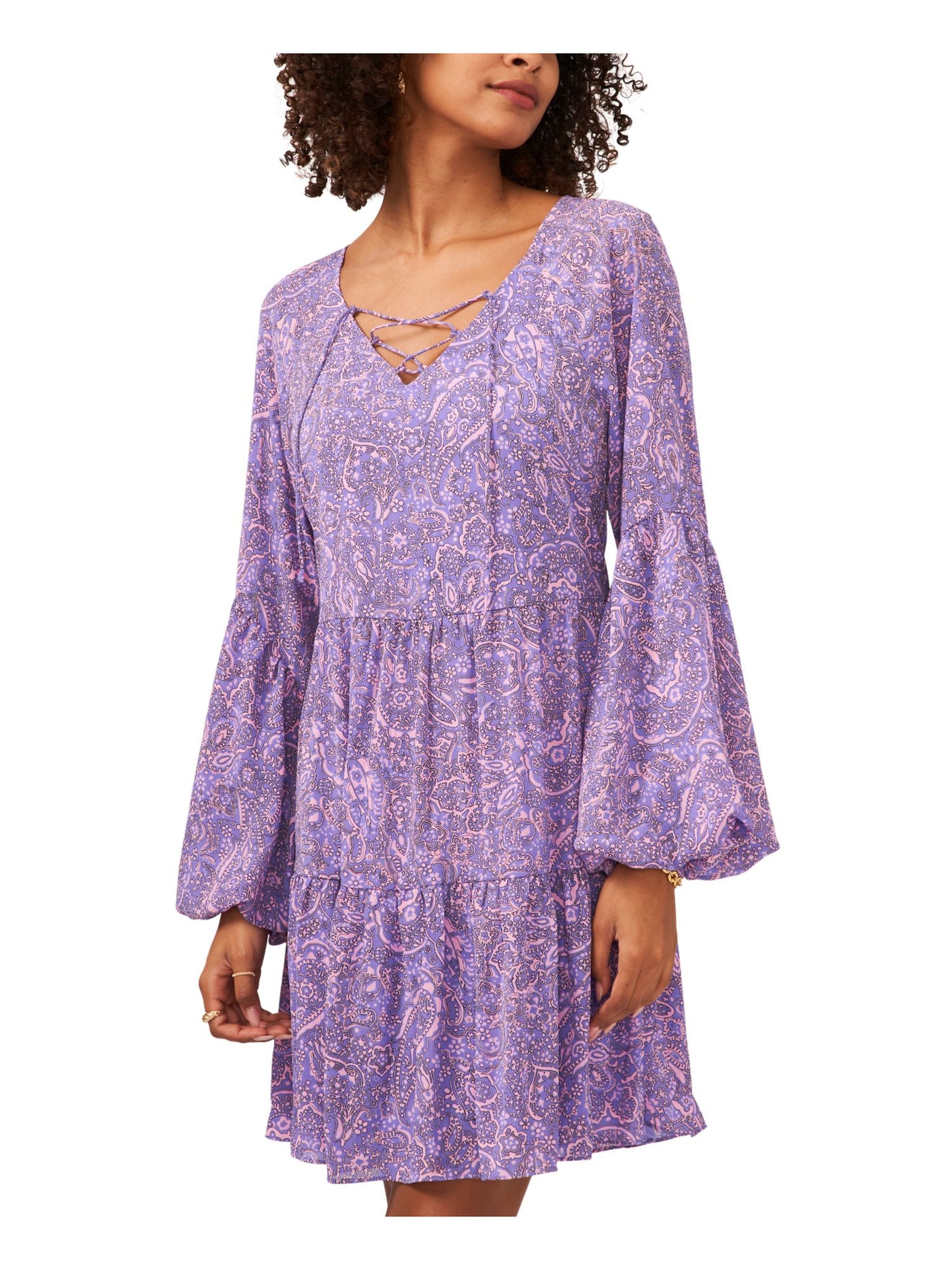 VINCE CAMUTO Womens Purple Lined Pullover Lace-up Tiered Paisley Balloon Sleeve Split Short Fit + Flare Dress XS