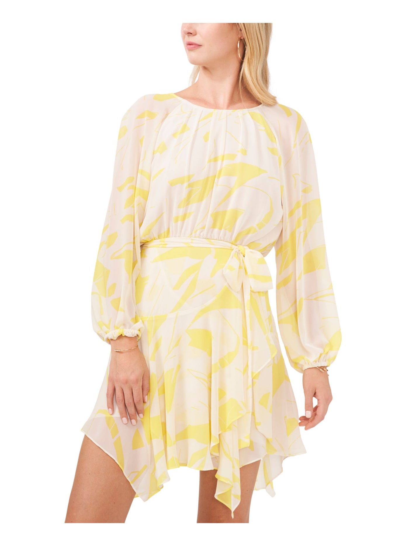 VINCE CAMUTO Womens Yellow Pleated Belted Handkerchief Hem Lined Printed Pouf Sleeve Round Neck Above The Knee Party Fit + Flare Dress S