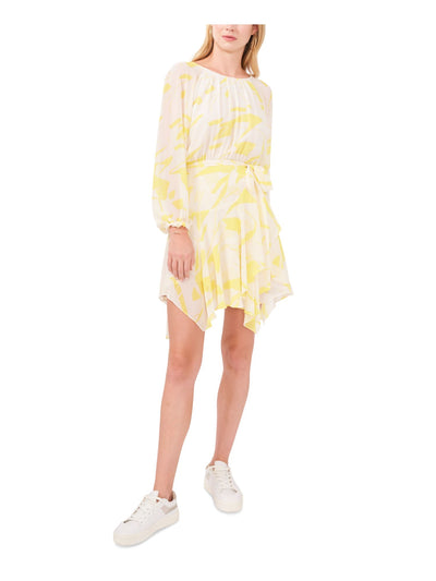 VINCE CAMUTO Womens Yellow Pleated Belted Handkerchief Hem Lined Printed Pouf Sleeve Round Neck Above The Knee Party Fit + Flare Dress S